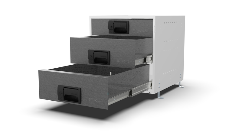 RCKIT40/8 Metal van drawer's front view with drawers open