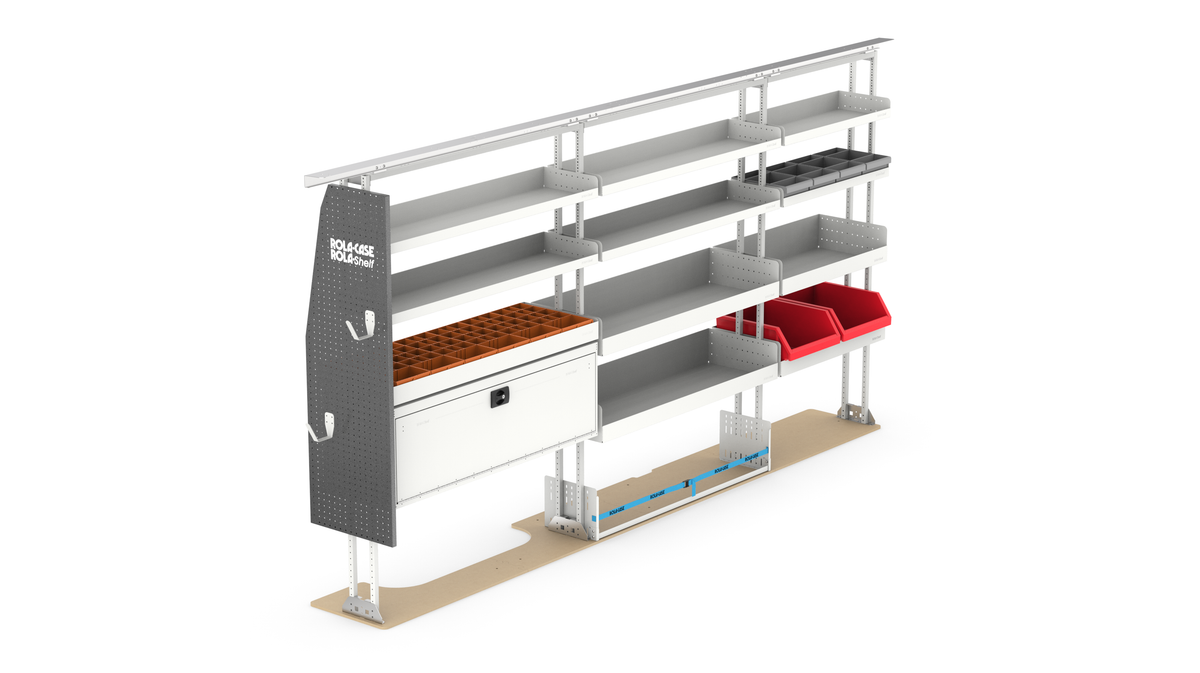 137" Driver Side Van Shelving & Bin Storage System for Electrical Trades