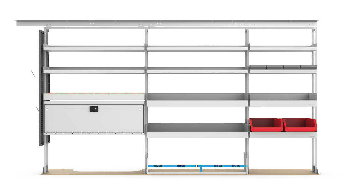 137" Driver Side Van Shelving & Bin Storage System for Electrical Trades