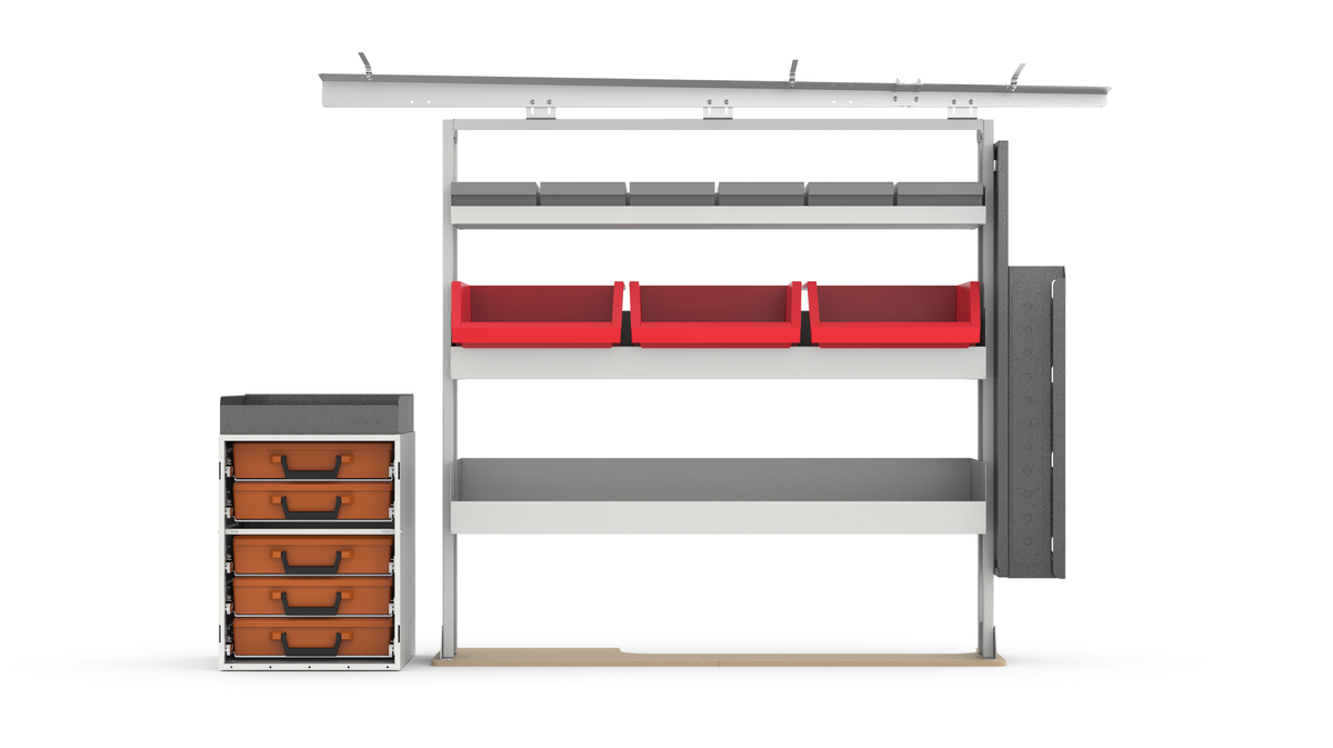 52" Passenger Side Electrician Van Shelving Package | Wire & Tool Storage