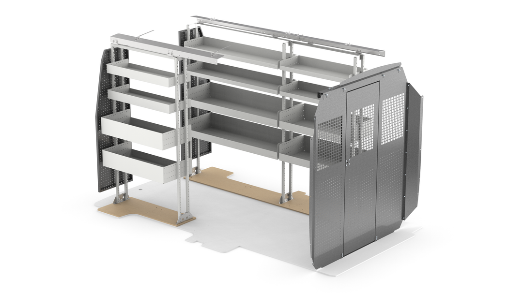 Ford Transit 130" WB Mid Roof Basic Bin Package Kit Rear View