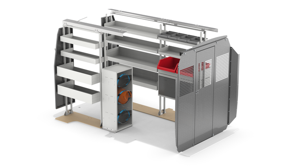 Ford Transit 130" WB Mid Roof HVAC Bin Package Kit Rear View
