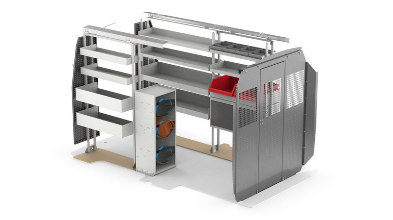 Ford Transit 130" WB Mid Roof HVAC Bin Package Kit Rear View